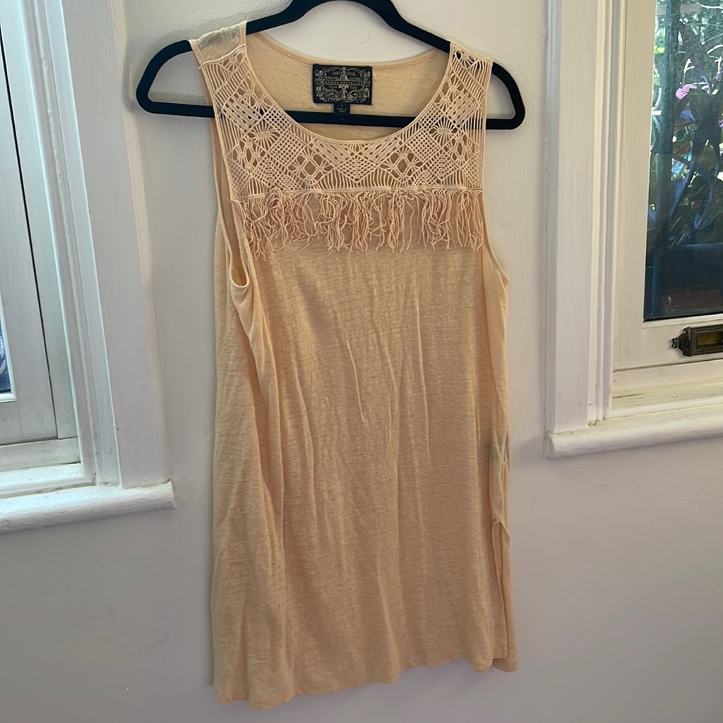 Anthropologie/James Coviello Tank Top Large Linen Ivory Fringe Festival